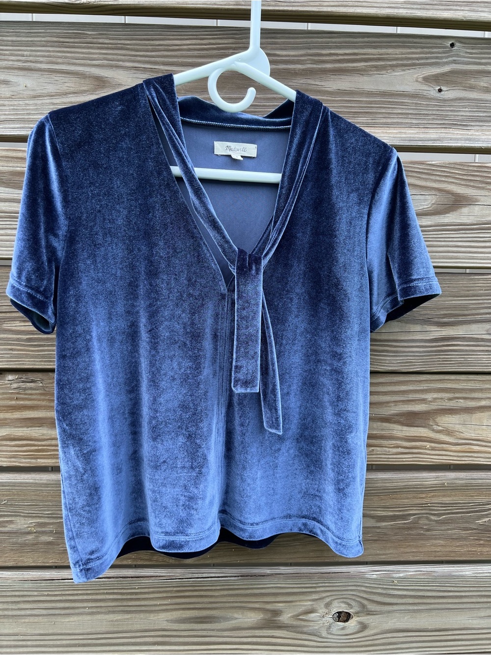 Madewell Velvet Tie-Neck Top Nightfall Navy Women’s Size Small Short Sleeve